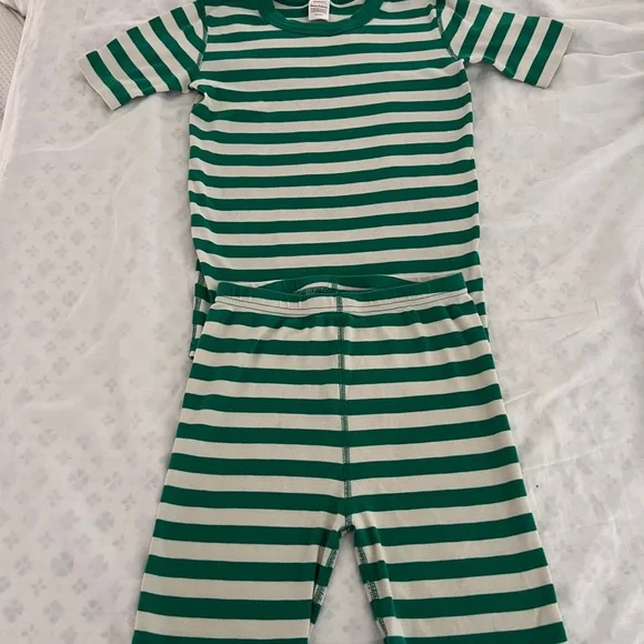 Hanna Andersson sz 14 (160) Green & Cream Striped Short-Sleeve Pajama Set - Picture 1 of 4